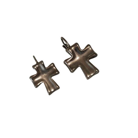Silver Chunky Cross Hugger Dangle Earrings Block Style Christian - Picture 2 of 8